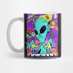 Dope space alien character rocking piano keyboard illustration Mug